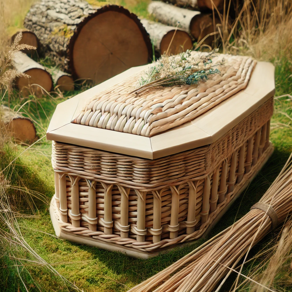 Eco-friendly casket made from natural materials such as wicker or bamboo, featuring a biodegradable design, suitable for green burials and eco-friendly funerals.