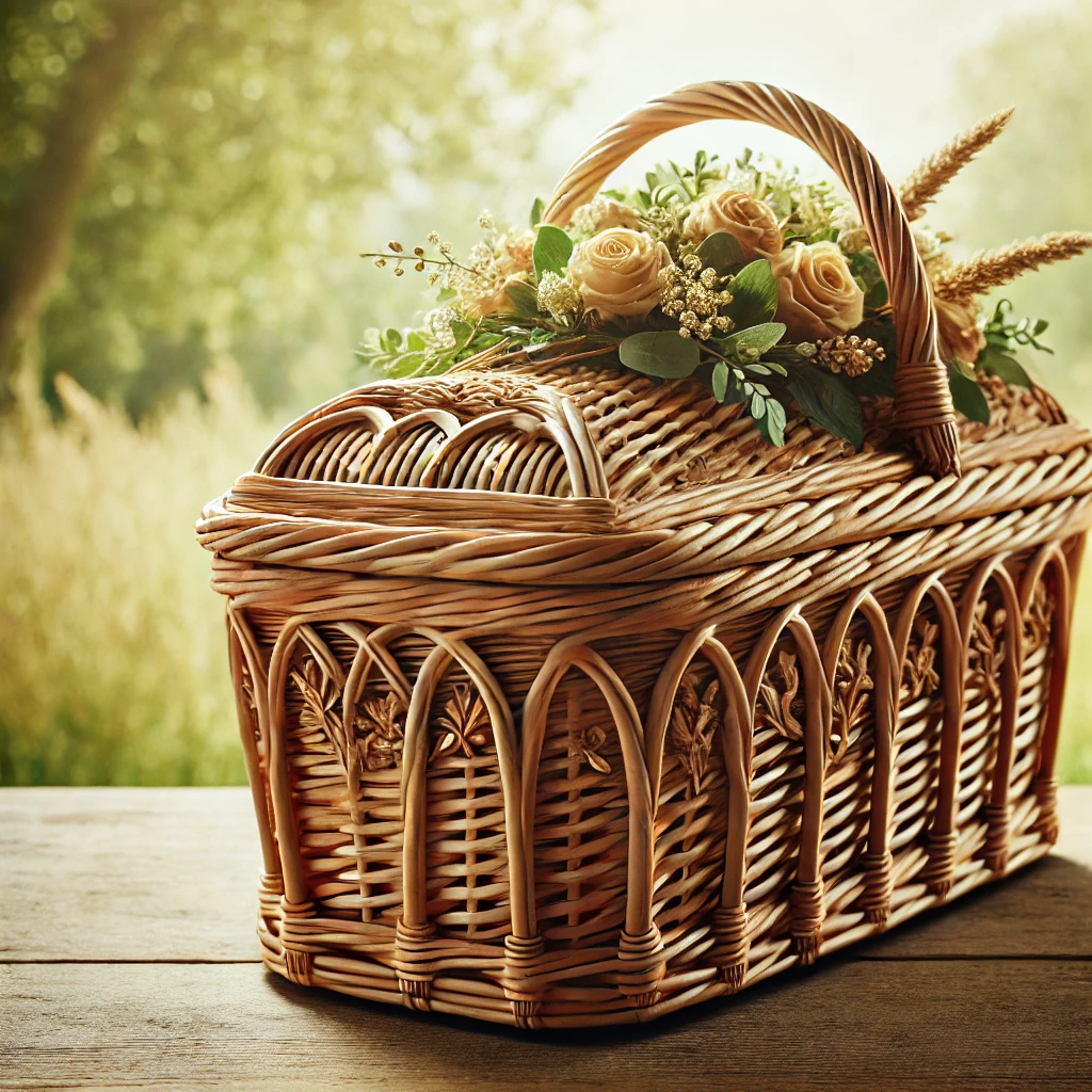 Elegant wicker basket casket made from natural and sustainable materials like willow or bamboo, with a biodegradable design, suitable for eco-conscious funerals.