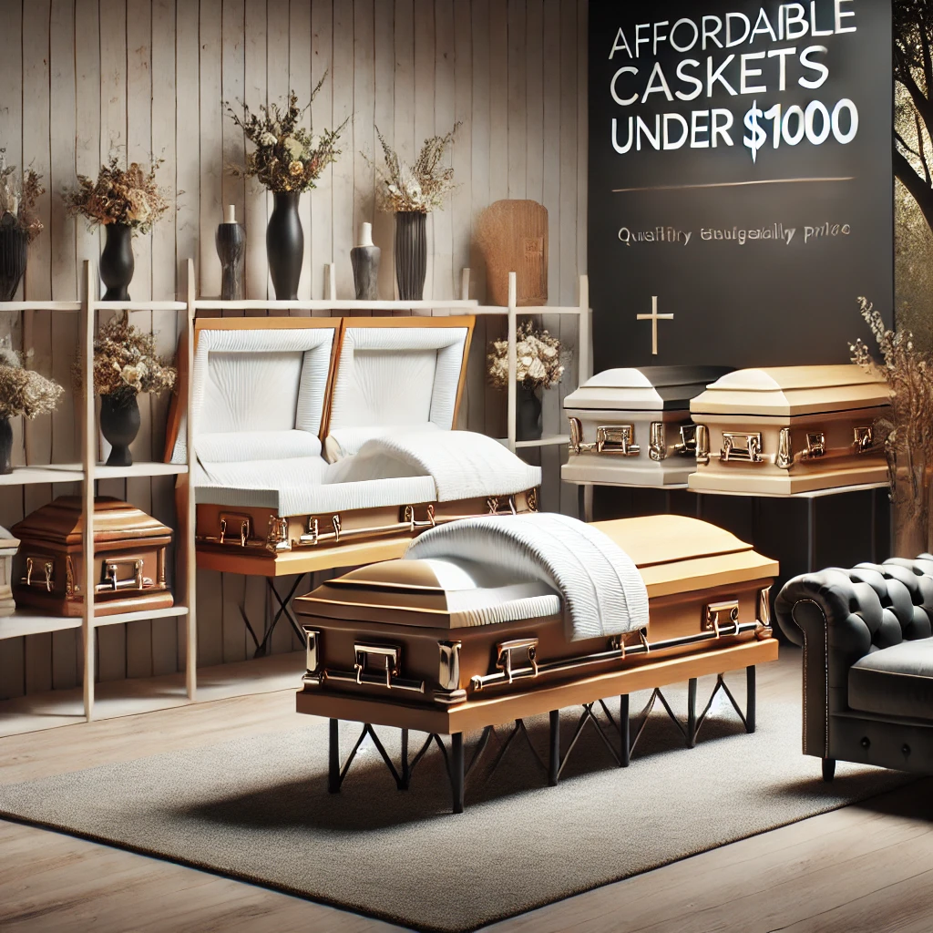 Display of affordable caskets under $1000, featuring various wood and metal styles with quality craftsmanship, offering dignified and budget-friendly options.