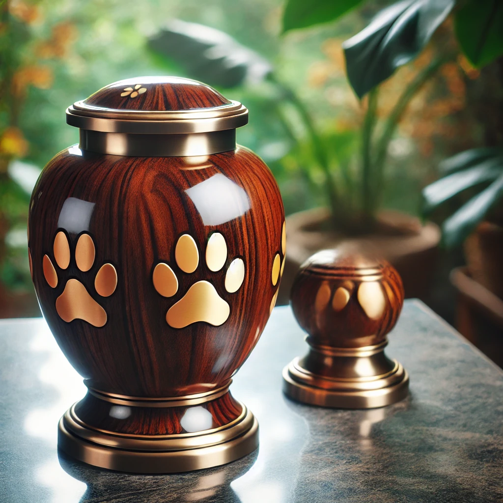 Elegant dog urn with polished wood or ceramic design, featuring paw prints and personalized engraving, suitable for various dog breeds like Labrador Retrievers and Golden Retrievers.