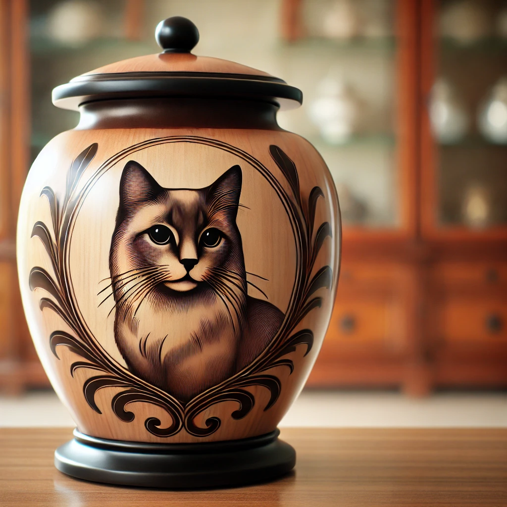 Elegant cat urn with polished wood or ceramic design, featuring a cat silhouette engraving, suitable for breeds like Siamese and Maine Coon.