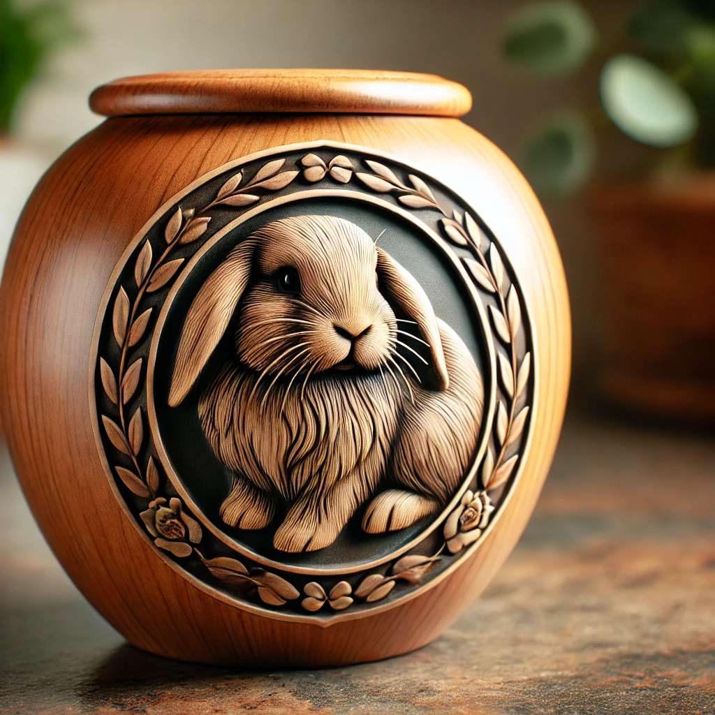 Elegant rabbit urn with polished wood or ceramic design, featuring a rabbit engraving, suitable for memorializing pet rabbits like Holland Lop and Flemish Giant.