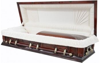 Fully open casket with elegant design, soft cushioned interior, and polished exterior, offering a dignified and traditional presentation for funeral services.