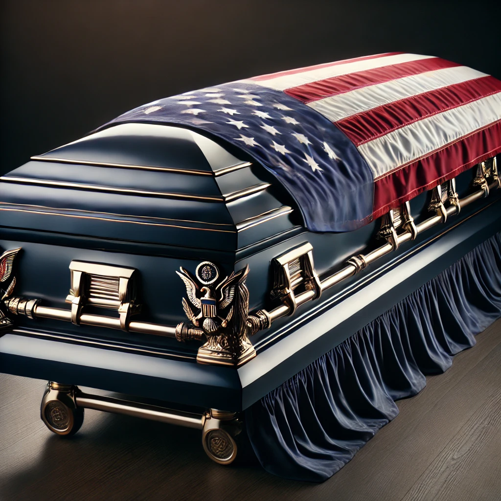 Navy military casket with sleek design, navy blue detailing, American flag, and U.S. military insignia, symbolizing honor, respect, and service.