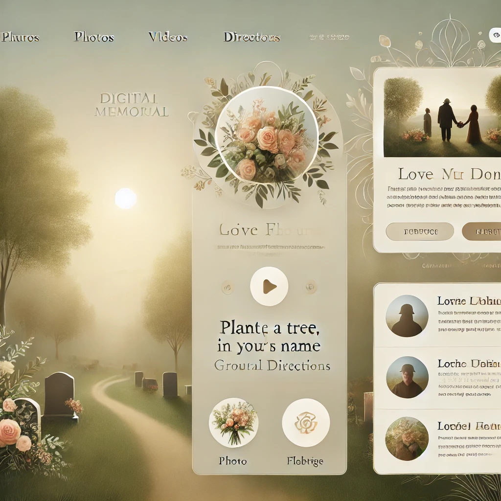 Inviting digital memorial page with options for sharing photos, videos, funeral directions, planting trees, sending flowers, and group messaging.