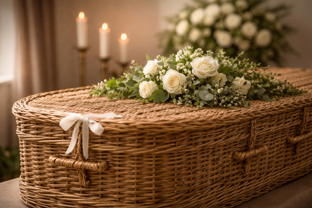 Willow basket casket decorated with white roses and greenery prepared for funeral service in peaceful natural setting