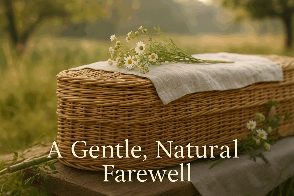 Peaceful natural basket casket with wildflowers in serene outdoor setting, text "A Gentle, Natural Farewell"