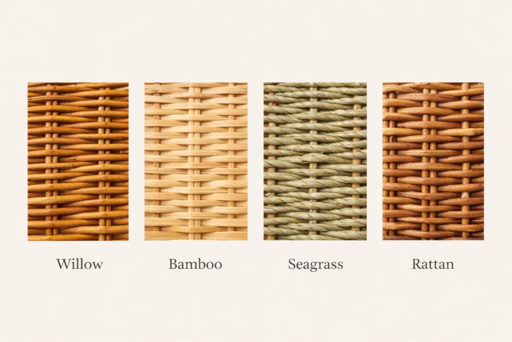 Side-by-side comparison of four basket casket materials showing willow, bamboo, seagrass, and rattan weave patterns and textures