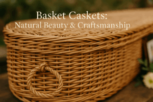 Natural materials for basket caskets including willow, bamboo, seagrass and rattan displayed artistically, text "Choosing the Right Natural Material"