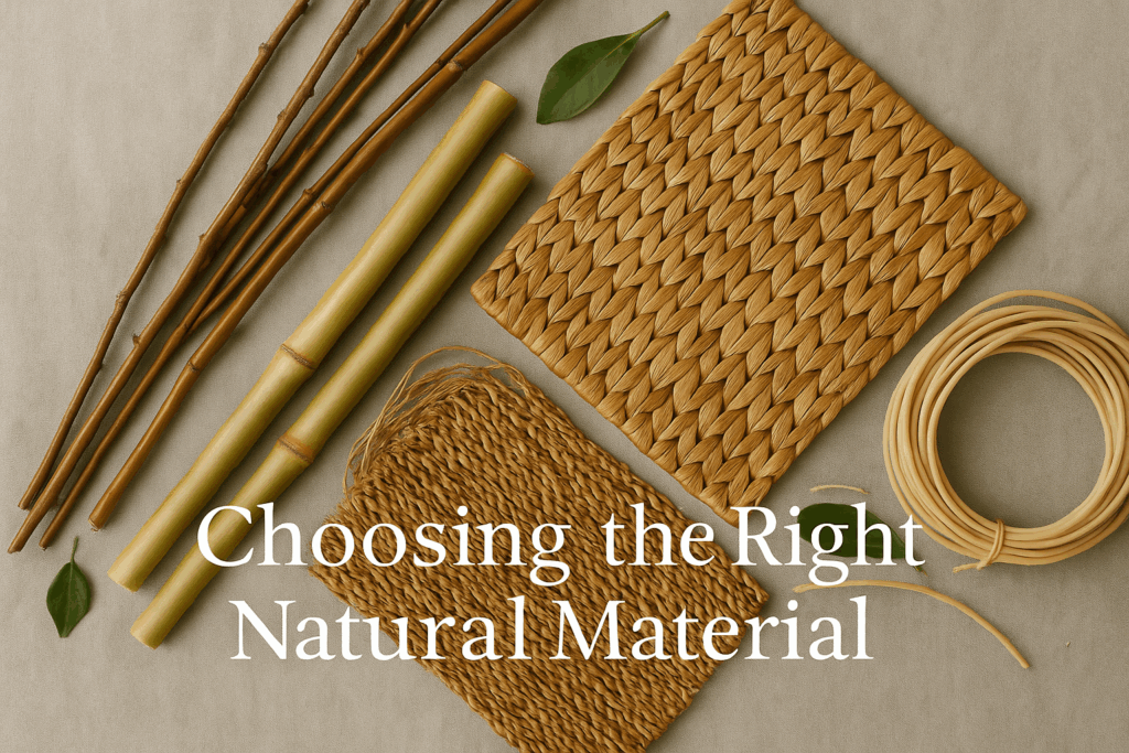 Natural materials for basket caskets including willow, bamboo, seagrass and rattan displayed artistically, text "Choosing the Right Natural Material"