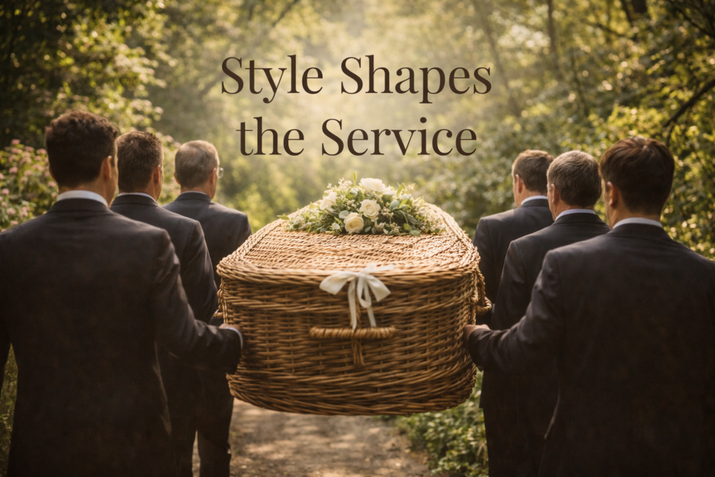 Pallbearers carrying oval willow basket casket during outdoor funeral procession, demonstrating how casket style affects the service experience