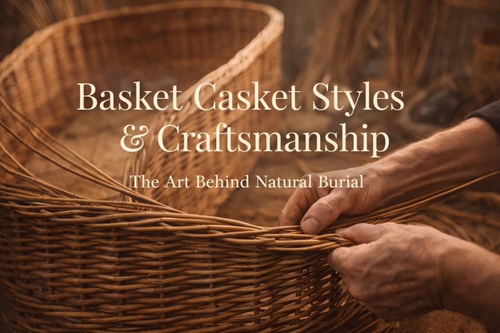 Artisan hands weaving willow strands into handcrafted basket casket, showcasing traditional craftsmanship techniques for natural burial caskets