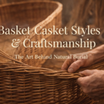 Artisan hands weaving willow strands into handcrafted basket casket, showcasing traditional craftsmanship techniques for natural burial caskets