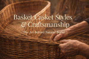 Artisan hands weaving willow strands into handcrafted basket casket, showcasing traditional craftsmanship techniques for natural burial caskets