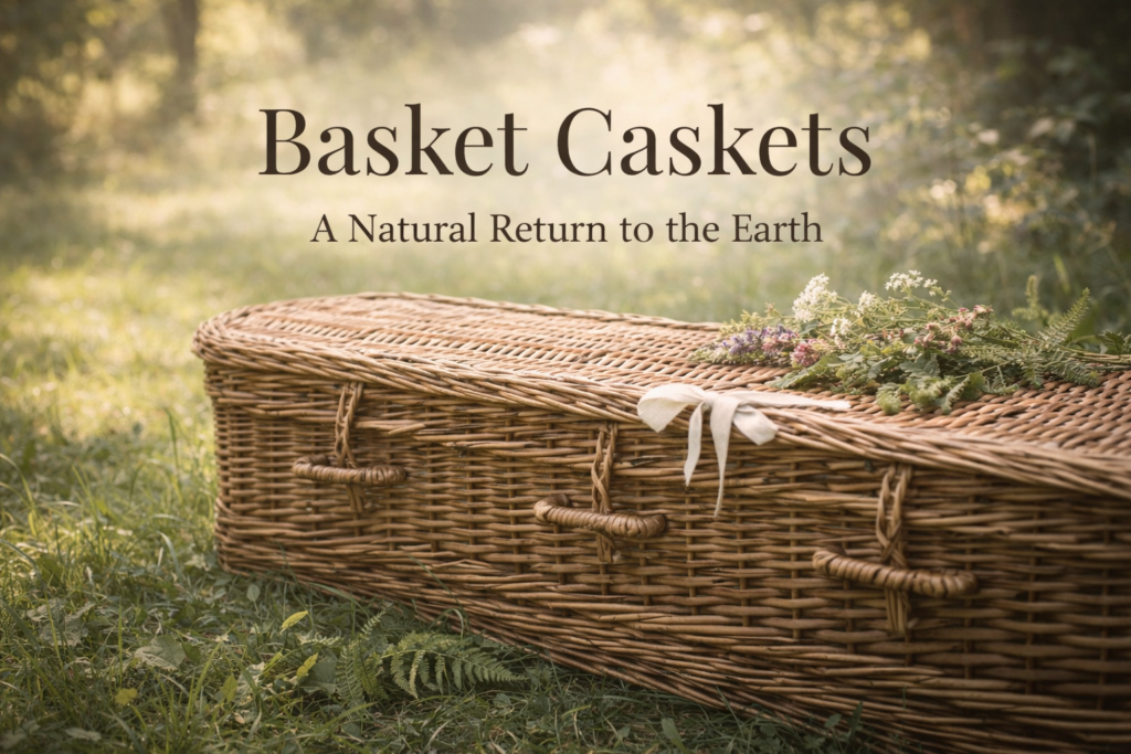 Handwoven willow basket casket displayed in peaceful natural setting with wildflowers, representing eco-friendly green burial options