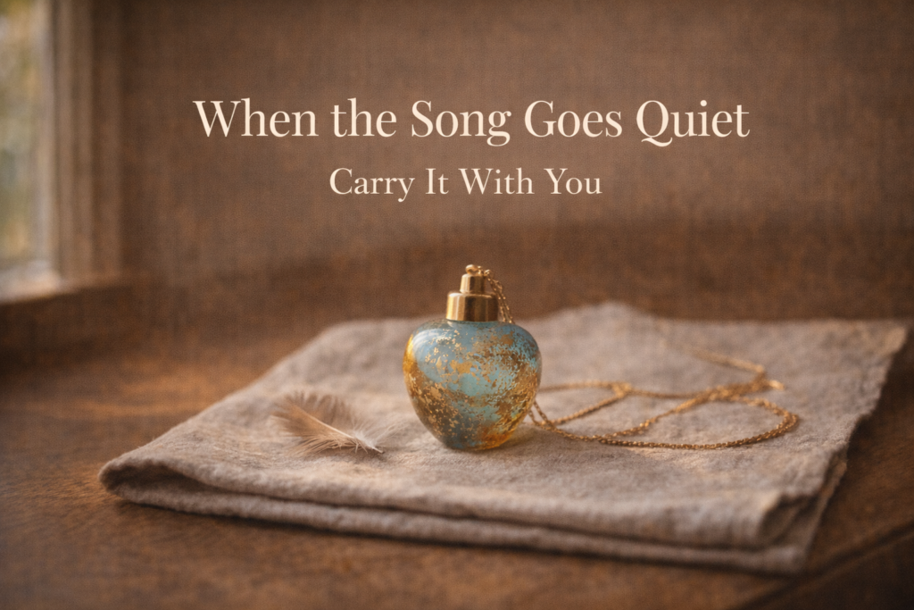 Handcrafted glass cremation pendant in sky blue and gold for memorializing pet birds, displayed on linen beside a natural feather keepsake