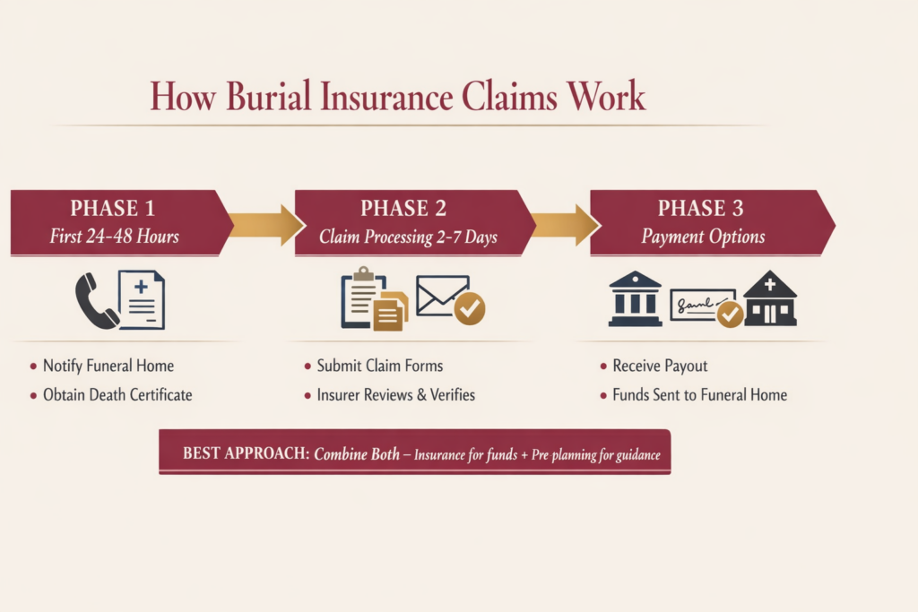 Timeline infographic showing burial insurance claim process from initial notification through payment, typically 2-7 business days