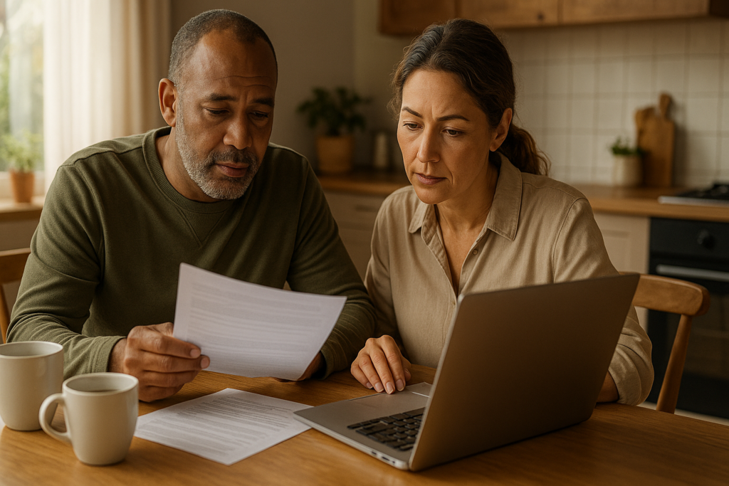 Middle-aged couple reviewing burial insurance options together at home, planning for future with laptop and documents