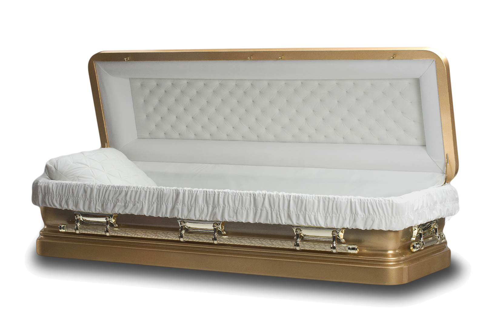 Full couch casket with sleek design and single-piece lid, offering a dignified and elegant presentation for complete body viewing during memorial services.