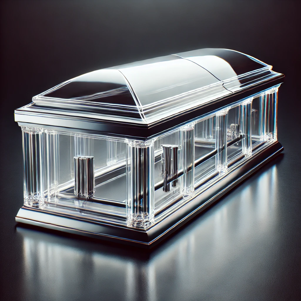 Modern clear casket with a transparent design, featuring sleek lines and a polished finish, offering a dignified and unique option for memorial services.