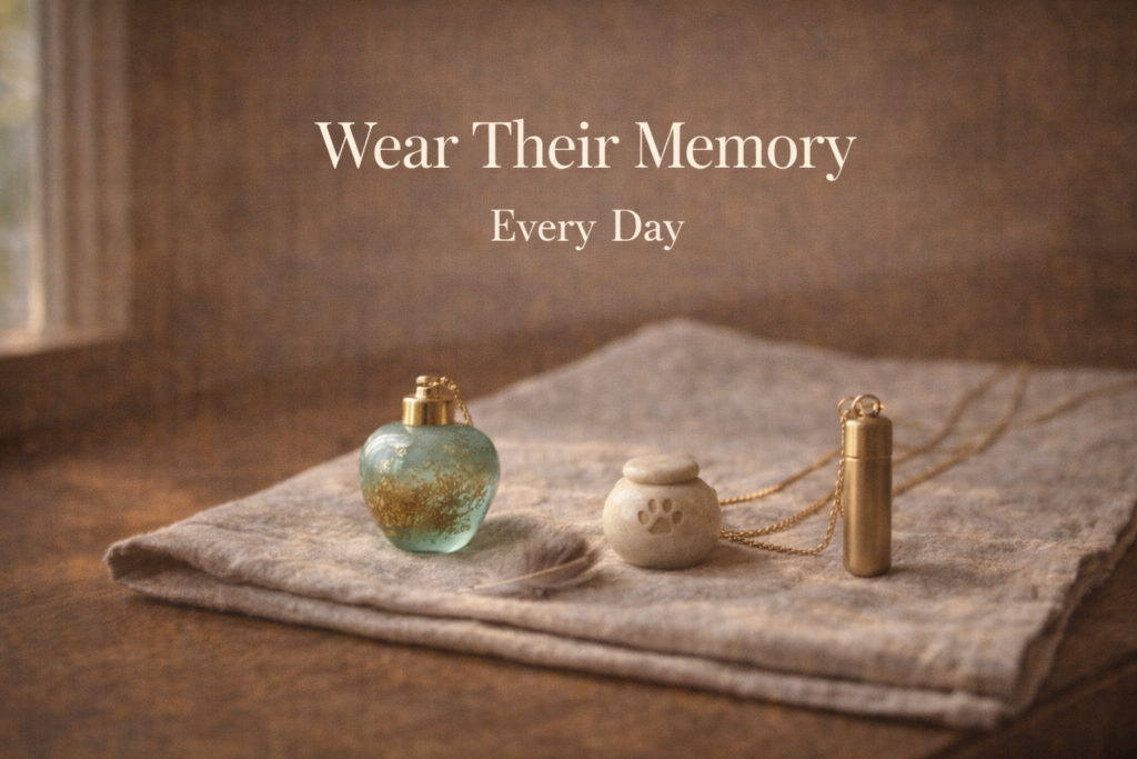 Three styles of pet cremation jewelry including a glass pendant, ceramic locket, and metal vial pendant for memorializing small animals, displayed on natural linen