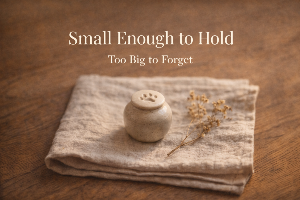 Tiny cream-glazed ceramic keepsake urn with paw impression sized for pocket pets like hamsters, gerbils, and mice, displayed on natural linen