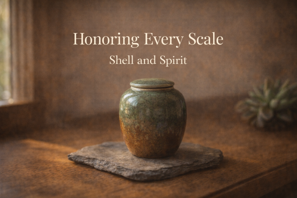 Earth-toned ceramic cremation urn with organic textured glaze for reptiles, displayed on natural slate beside a succulent, suitable for bearded dragons, ball pythons, and turtles