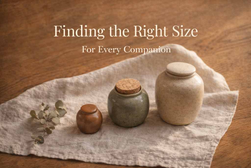 Three handcrafted ceramic pet cremation urns in graduating sizes on an oak table, illustrating the sizing range from tiny keepsakes for hamsters to small urns for rabbits and ferrets