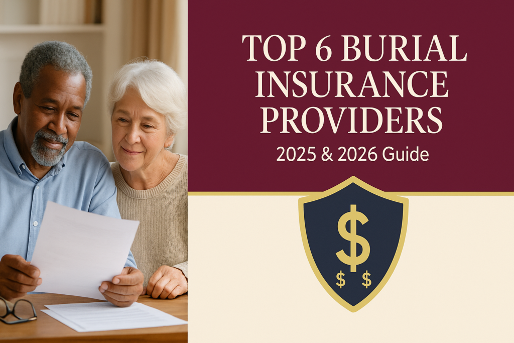 Senior couple reviewing burial insurance options with financial protection graphics showing top 6 providers for 2025 and 2026
