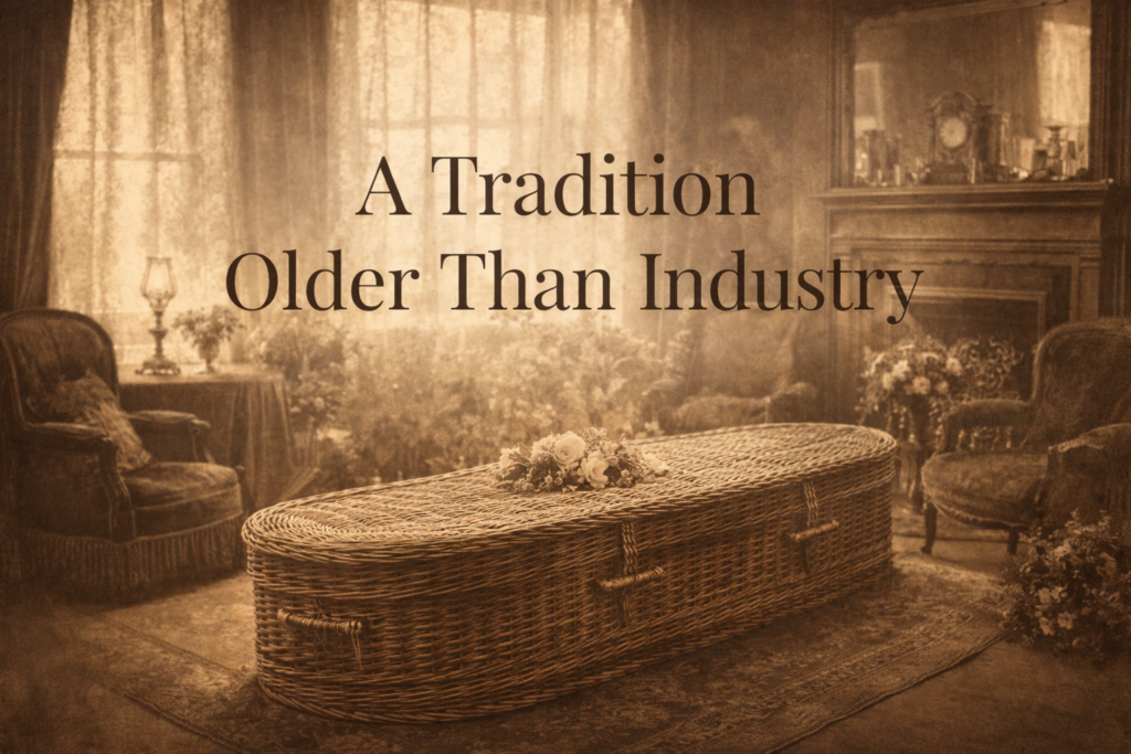 Victorian-era parlor scene showing historical use of wicker caskets for home funerals, representing the long tradition of natural woven burial containers