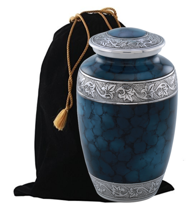 image of classic blue cloud cremation urn.