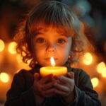 Child holding a candle wanting to talk about the experience of death.