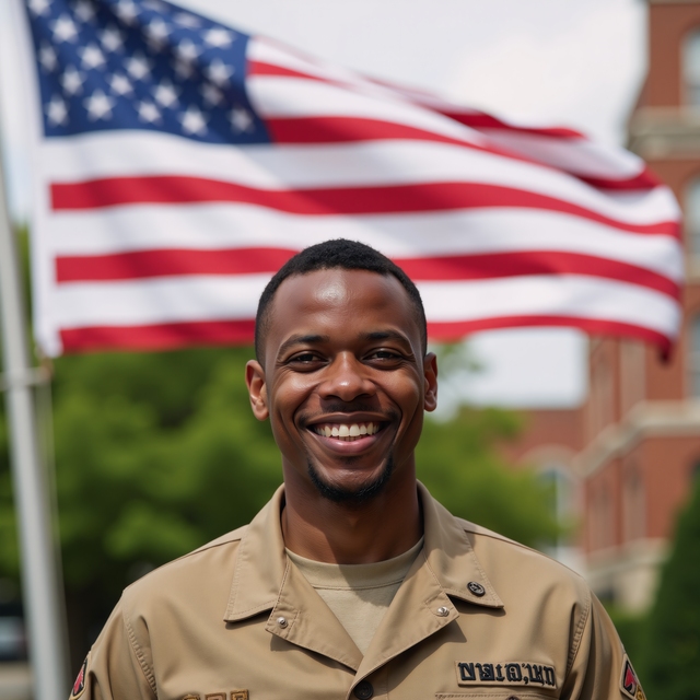 Army guy mentally healthy in front of a  flag