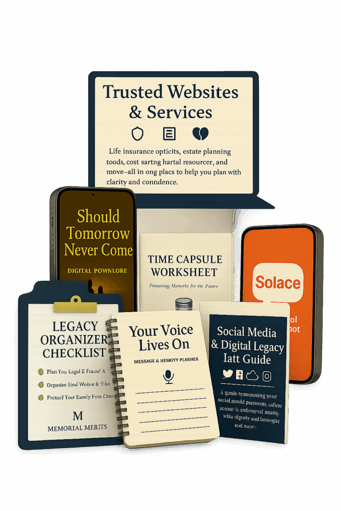 Preview of free legacy planning bonus tools included with your journal – checklist, memory planner, Solace app, and more