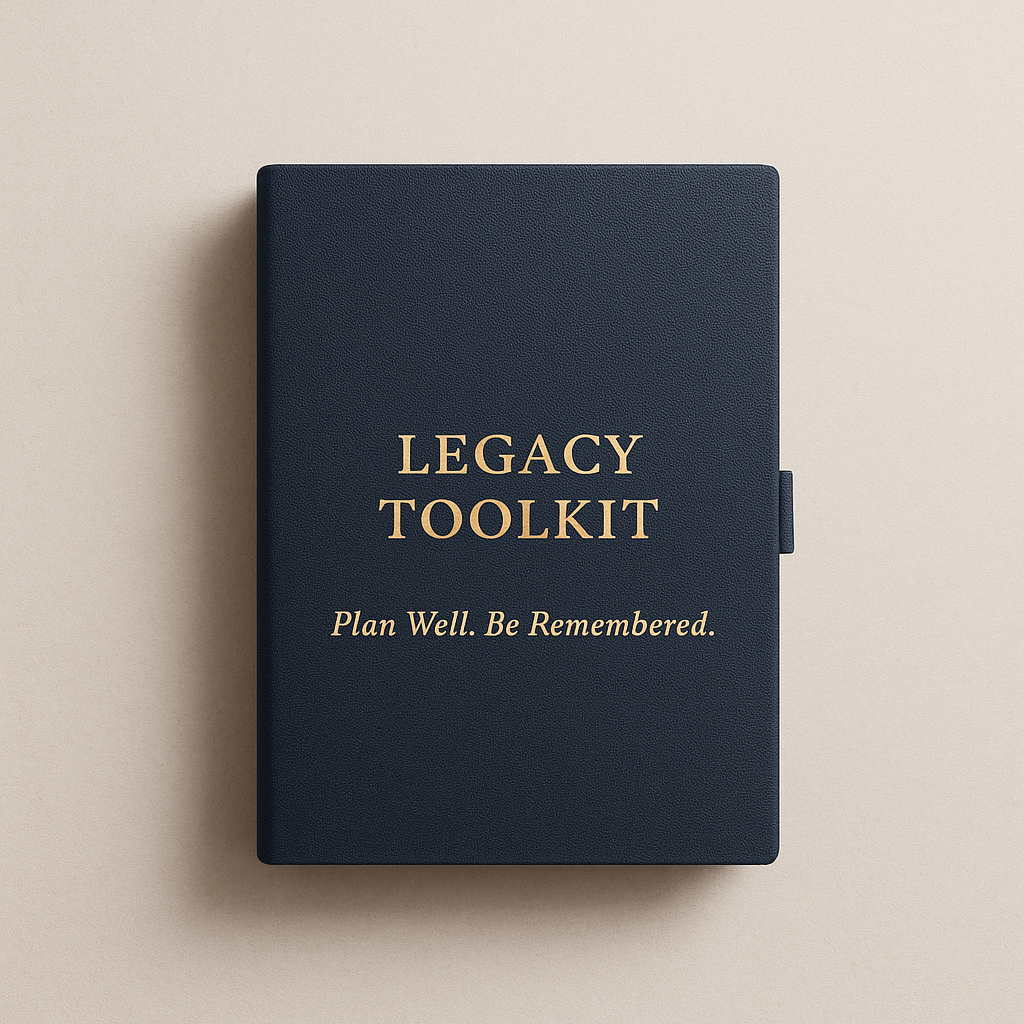 Elegant navy blue document folder titled "Legacy Toolkit" with the words "Plan Well. Be Remembered." embossed in gold — representing the premium bonus bundle included with the Legacy Journal.