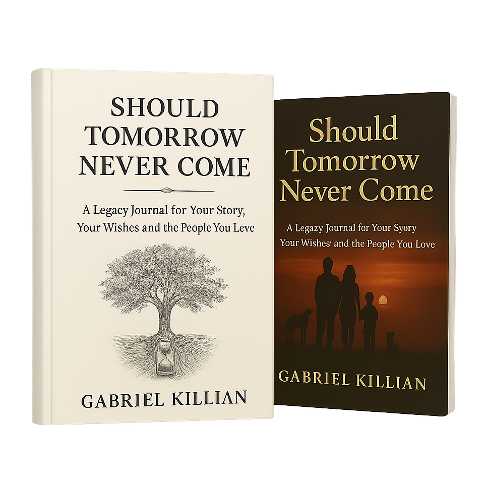 3D-rendered image of two editions of “Should Tomorrow Never Come” by Gabriel Killian — a cream hardcover journal with a tree and hourglass illustration, and a dark sunset-themed paperback shown behind it. Represents the premium bundle options available.