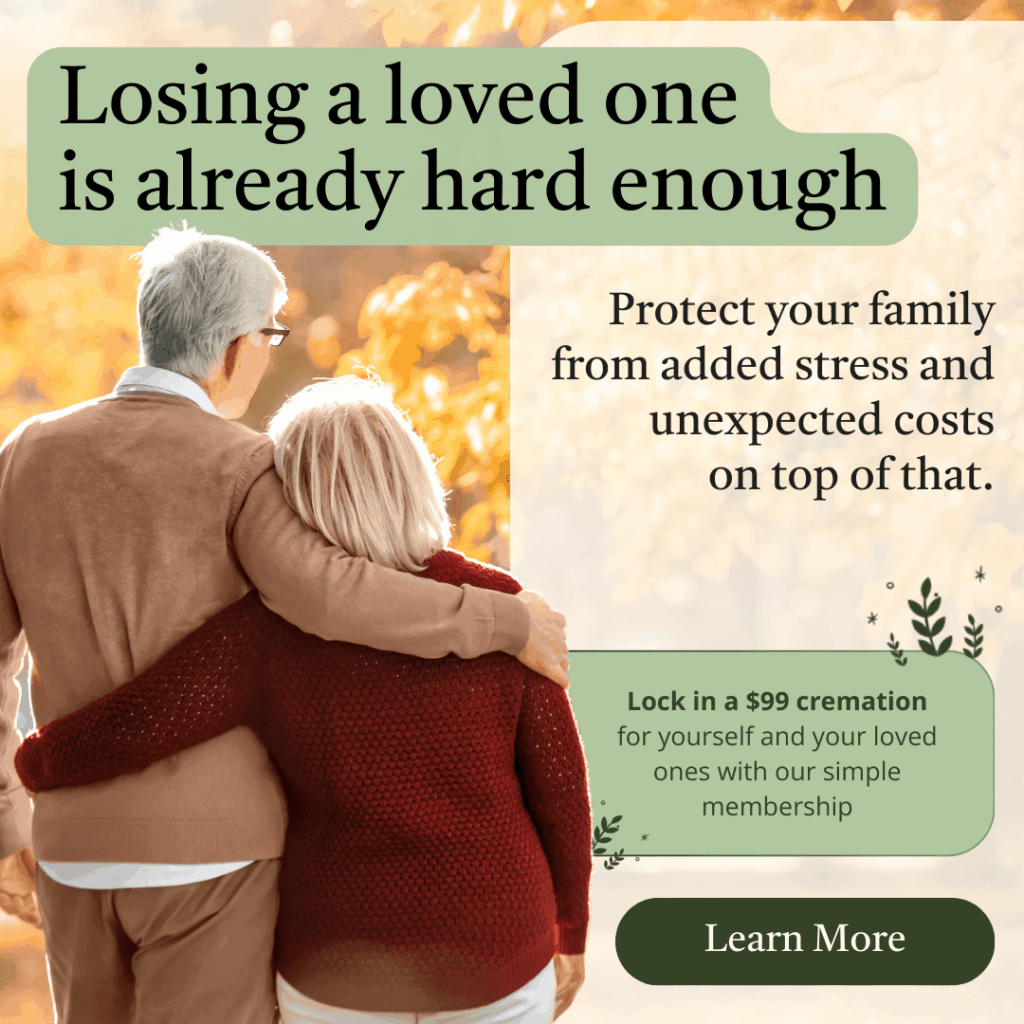 Elderly couple embracing in autumn with text promoting $99 cremation membership to reduce stress and unexpected costs after loss.