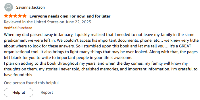 a picture of a 5-star Amazon review for Should Tomorrow Never Come Legacy Journal Legacy Edition