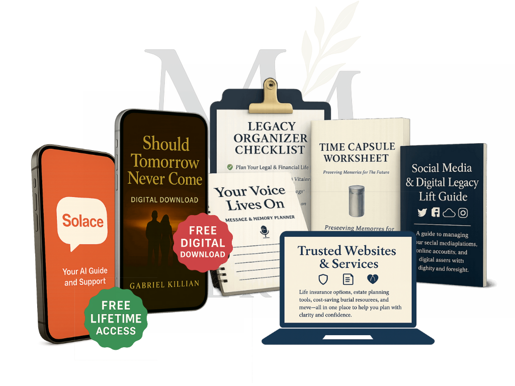Legacy Journal digital bonus bundle with Solace AI grief support, free digital download, lifetime access badge, and printable legacy tools for planning, storytelling, and preserving final wishes.