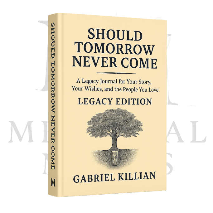 Hardcover legacy journal titled "Should Tomorrow Never Come - Legacy Edition" by Gabriel Killian, displayed in front of a faded Memorial Merits logo — a keepsake book for aging parents to preserve their stories, wishes, and final legacy.