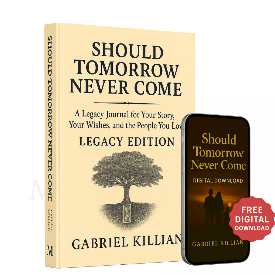 Hardcover edition of Should Tomorrow Never Come by Gabriel Killian alongside a smartphone displaying the digital version, marked with a red badge that says "Free Digital Download."