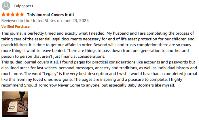 5-star Amazon review: comprehensive legacy planner for Baby Boomers