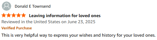 5-star Amazon review of the Legacy Journal praising it as a helpful way to express wishes and history for loved ones.