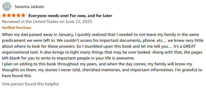 Verified Amazon review sharing how the Legacy Journal helped avoid confusion after a parent’s passing, praising its emotional and practical guidance.