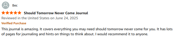 Verified Amazon review calling the Legacy Journal an amazing, comprehensive guide for journaling and preparation.