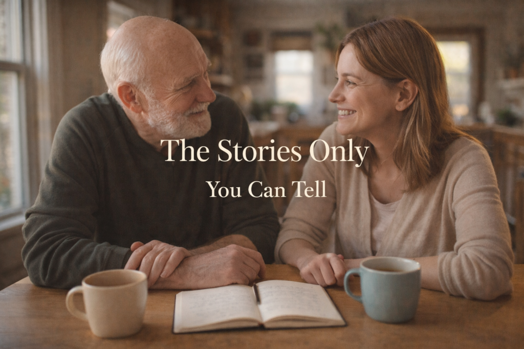 Elderly father and adult daughter sharing legacy stories over coffee at a kitchen table with an open journal
