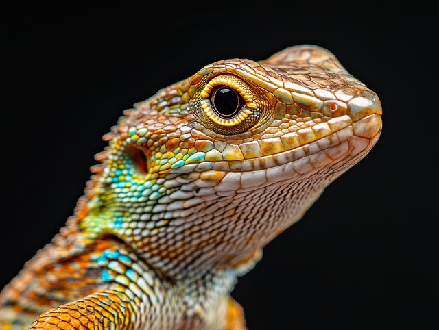 Close-up of a vibrant lizard with colorful scales, symbolizing the beauty of reptile companions often memorialized with cremation urns.
