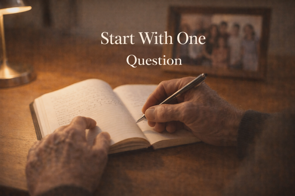 Parent's hands writing legacy stories and answers in a journal at a wooden desk with family photo in background