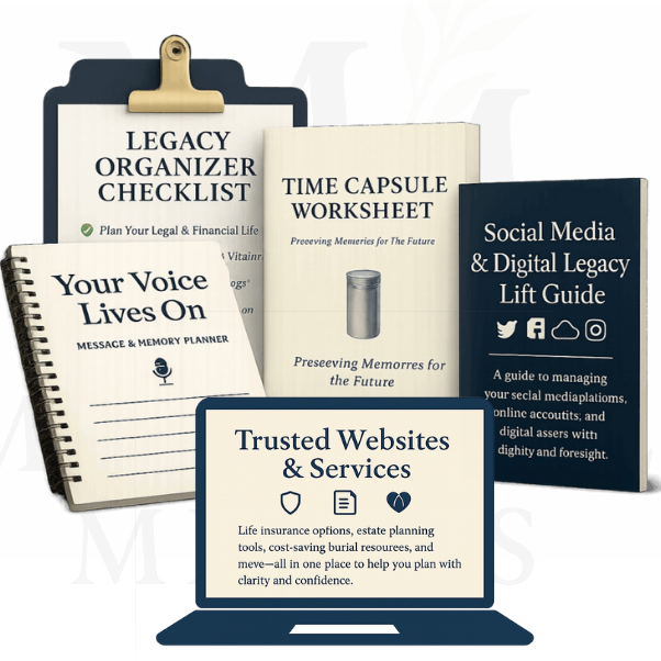 Printable legacy companion toolkit featuring a Legacy Organizer Checklist, Time Capsule Worksheet, Social Media & Digital Legacy Guide, Your Voice Lives On memory planner, and trusted resources on a laptop screen.