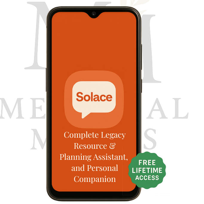Mobile phone displaying Solace, an AI-powered legacy planning and grief companion app, overlaid with a green badge that says "Free Lifetime Access" and a faded Memorial Merits logo in the background.